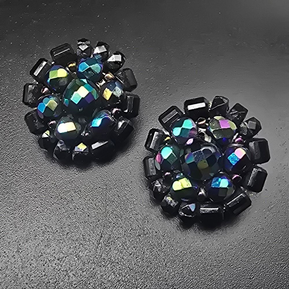 Givenchy Black Aurora Borealis Beaded Clip On Earrings Vintage